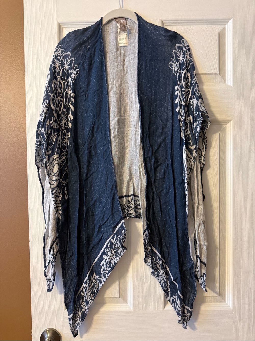 Chico's Navy Blue & White Floral Open Front Kimono Ruana Wrap Cover Up OS